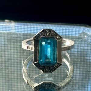 14K White Gold London Blue Topaz Emerald Cut Ring w/ Diamond Accents | 2.69 CTW